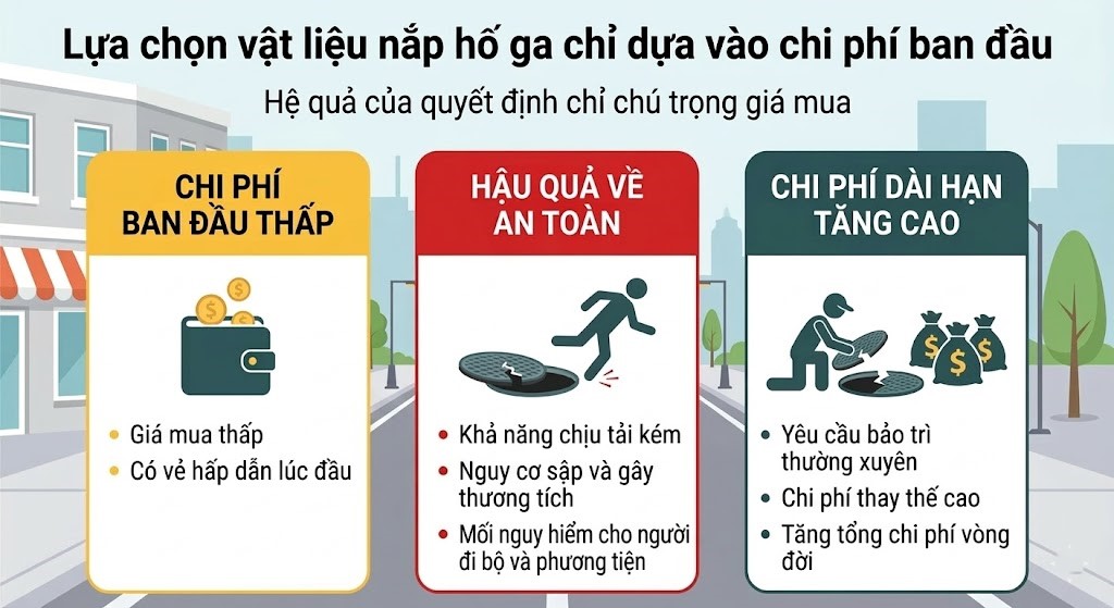 Lựa chọn nắp hố ga chỉ chú trọng giá mua ban đầu là sai lầm khá phổ biến Lựa chọn nắp hố ga chỉ chú trọng giá mua ban đầu là sai lầm khá phổ biến