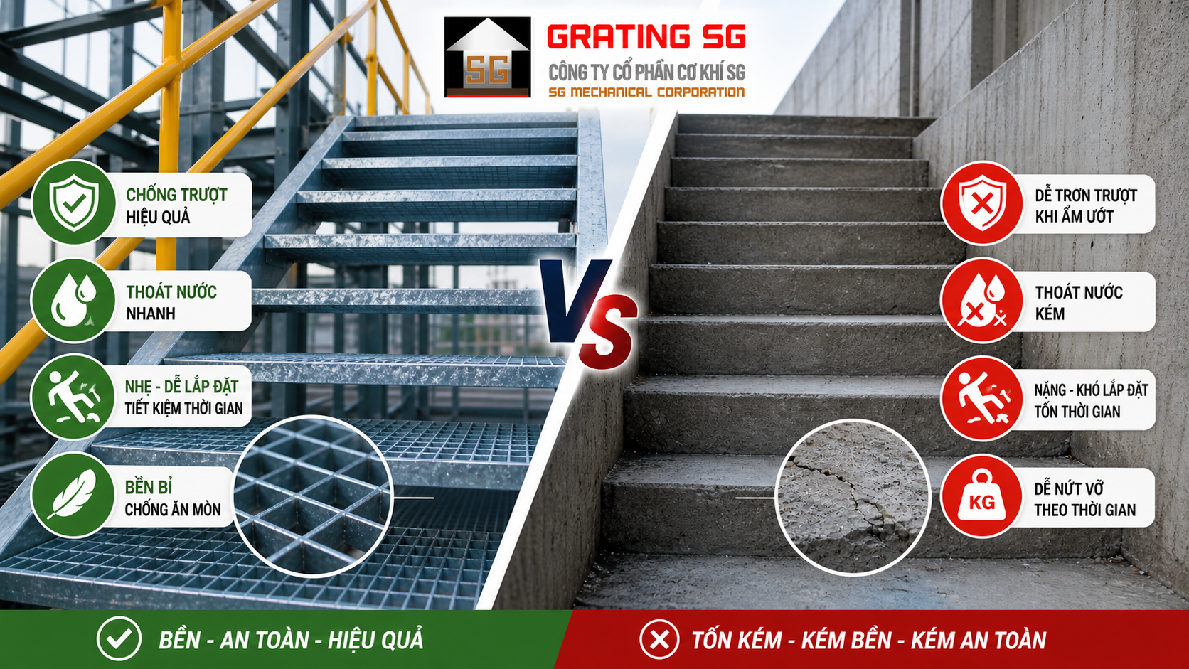 So sánh bậc thang grating và bậc thang bê tông So sánh bậc thang grating và bậc thang bê tông